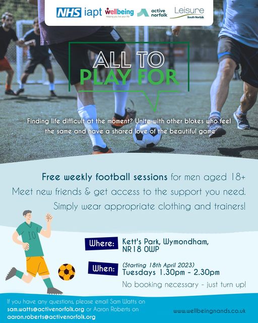 Mens Football Session – Wellbeing Norfolk, Ketts Park, Tuesday Lunchtimes