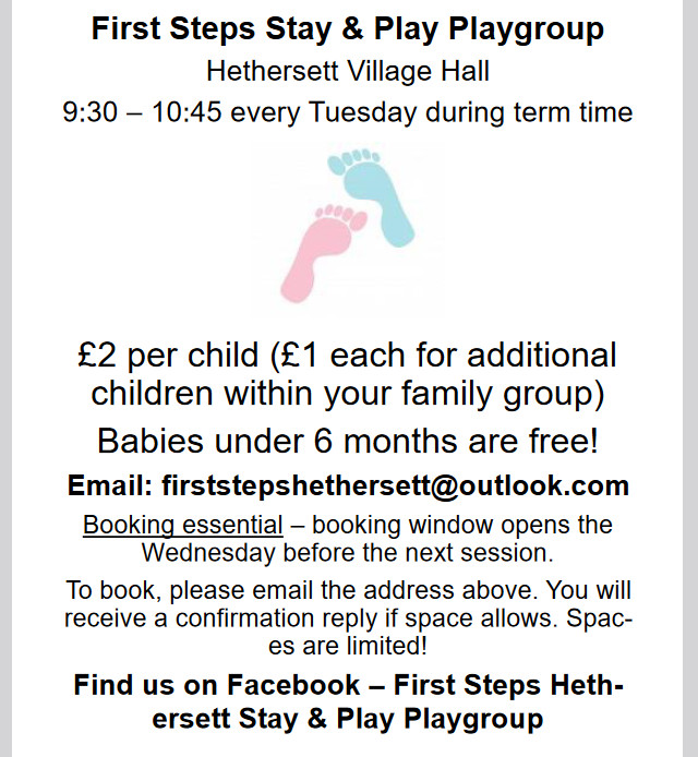 First Steps Stay & Play Playgroup – Hethersett Village Hall, Every Tuesday (except in School Holidays)