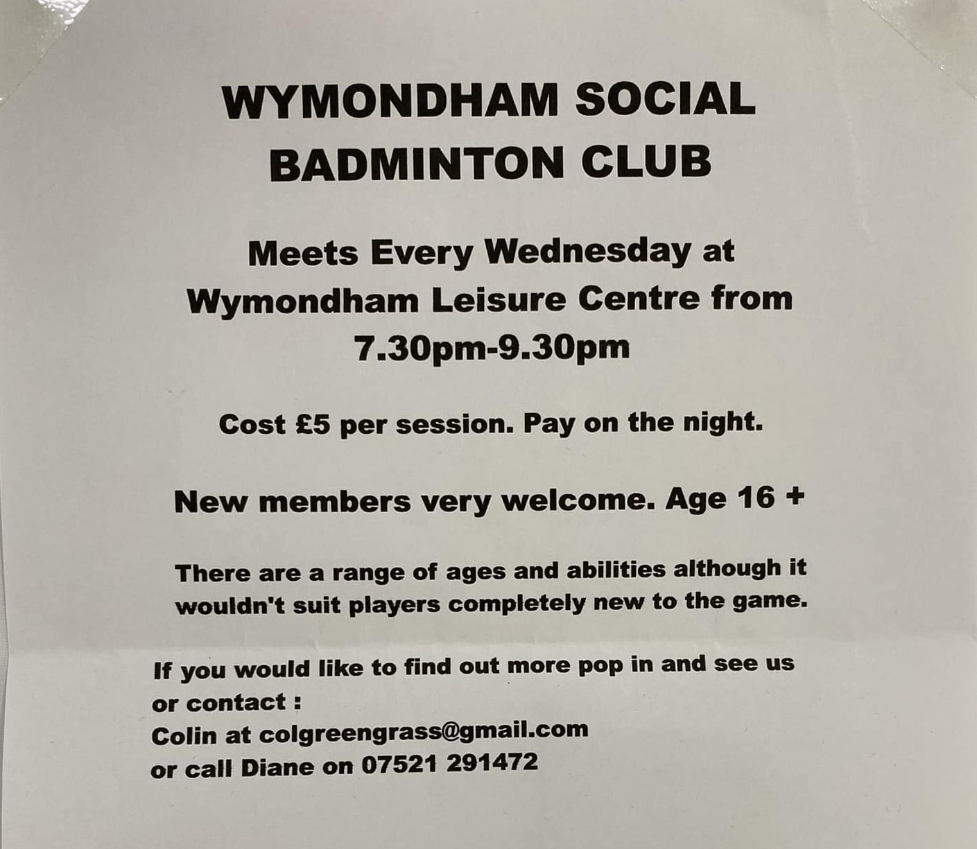 Social Badminton Club – Wymondham Leisure Centre, Wednesday Evenings