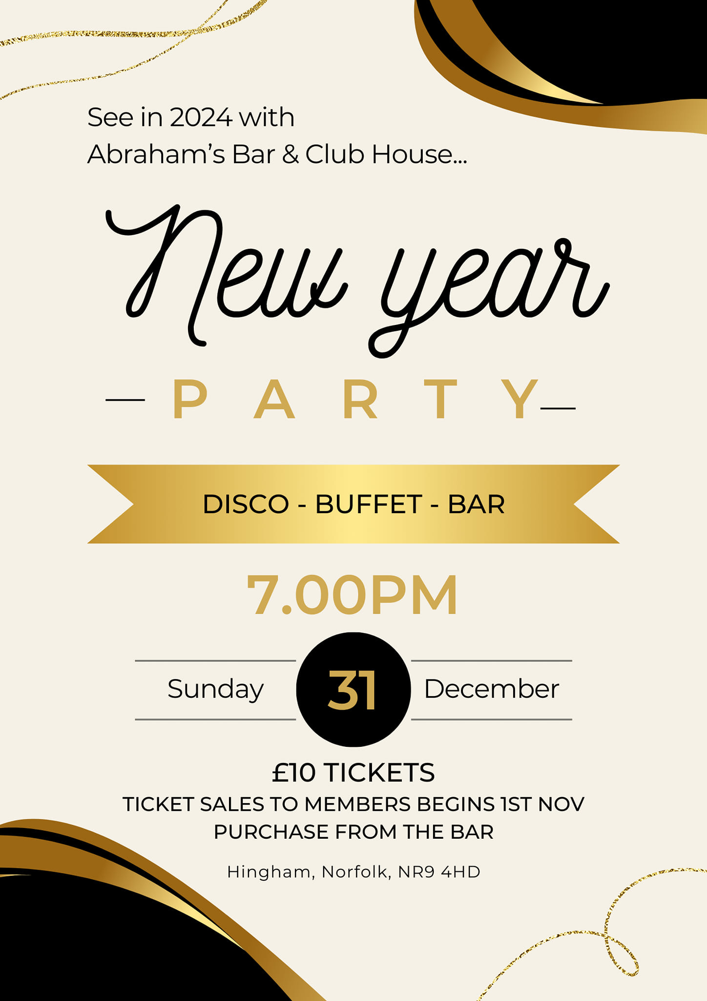 New Year Party – Abraham’s Bar, Hingham Sports Hall, 31st December
