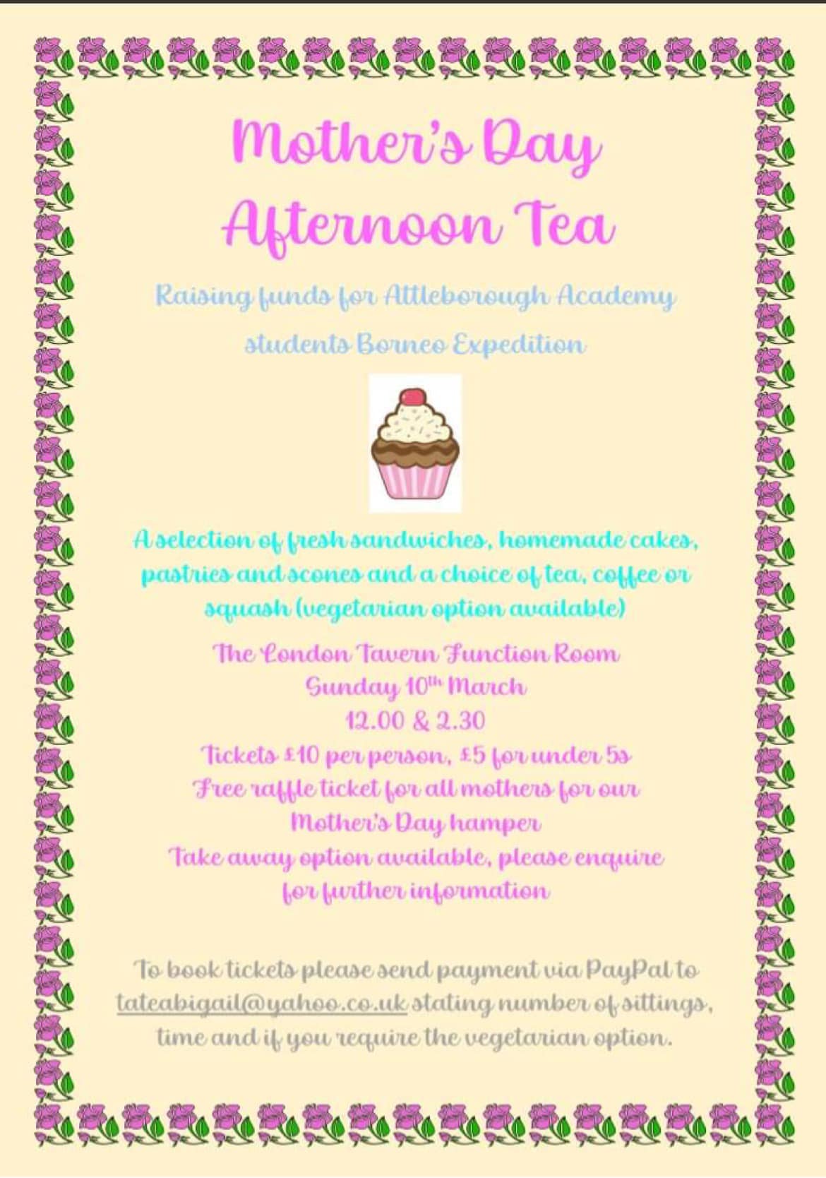 Fundraising Mothers Day Afternoon Tea – London Tavern, Attleborough, 10th March