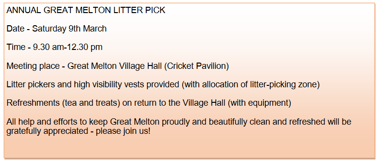 Community Litter Pick – Great Melton Village Hall Pavilion, 9th March