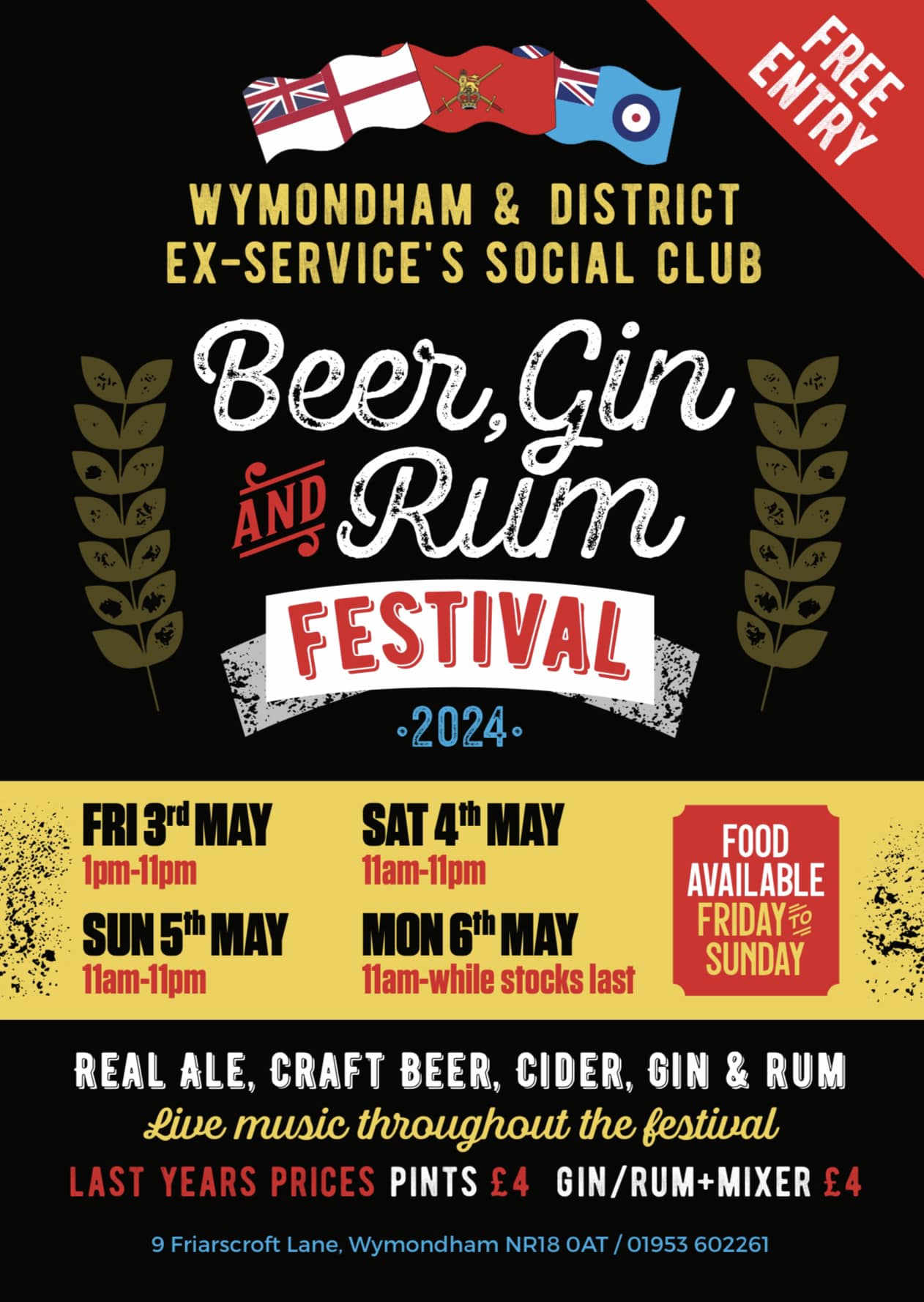Beer, Gin & Rum Festival – Wymondham & District Ex-Services Club, 3rd-6th May