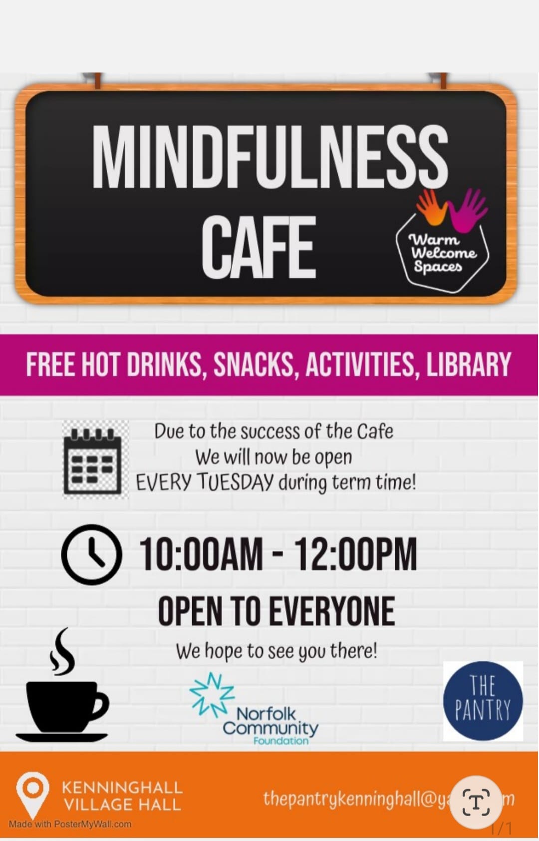 Mindfulness Community Café – Kenninghall Village Hall, Every Tuesday (term time)