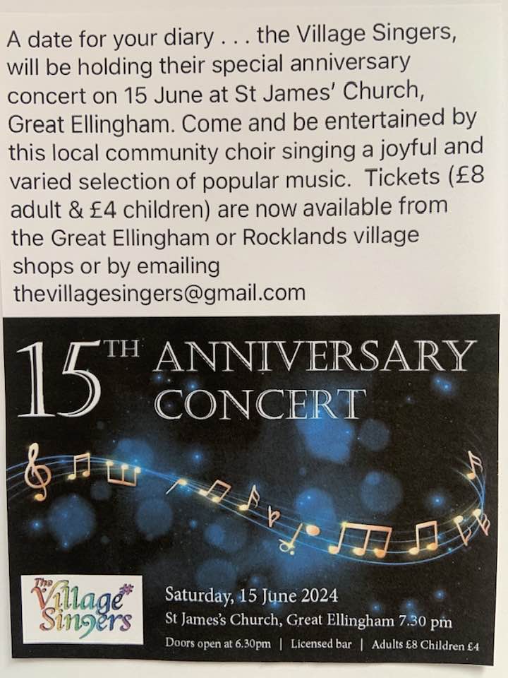 Village Singers Anniversary Concert – Great Ellingham, 15th June